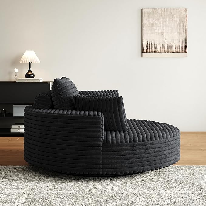 TTK 55” Oversized Corduroy Swivel Chair Fluffy 360° Rotating Sleeper Armchair with Pillows &amp Headrest Full Foam Barrel Chair for Living Room Bedroom Reading Nook Lounge or ApartmentBlack