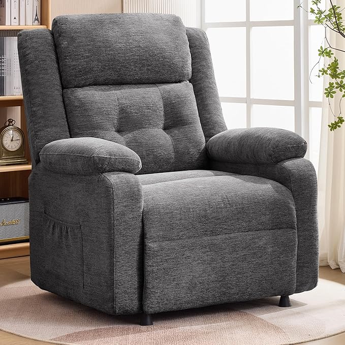 Power Recliner Chair for Adults Oversized Electric Recliner with Thickened Cushions Chenille Fabric Reclining Chair for Living Room Bedroom Grey