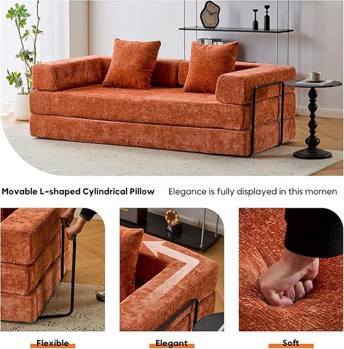 77 Convertible Sleeper Sofa Bed with Fixed-Shape Frame Modern Chenile Folding Boneless Couch with 2 Pillows Comfy Floor Sofa Couch for Living Room No Assembly Required Orange