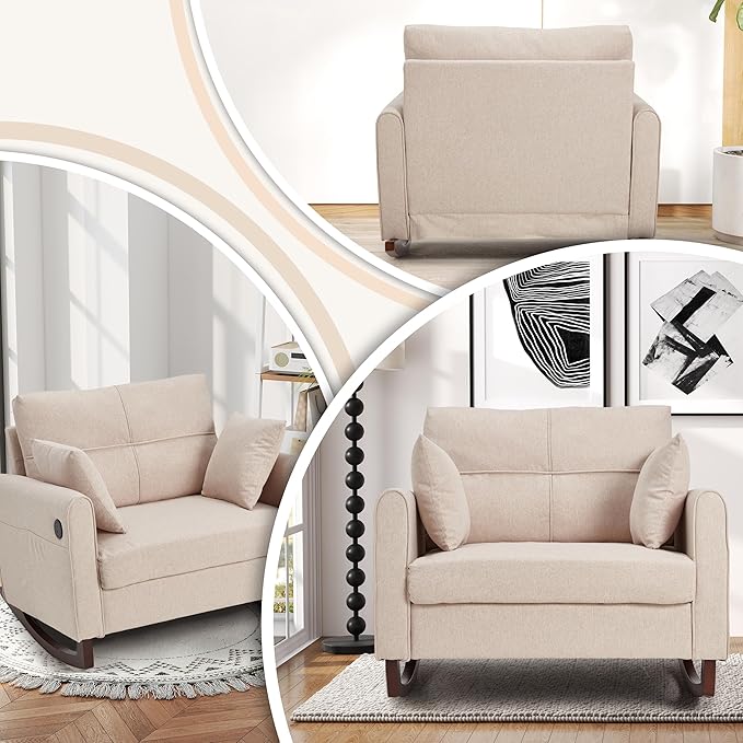HOMREST Rocking Chair Upholstered Nursery Rocking Chair with High Back and Side Pocket USB Port Double Wide Rocker Glider Chairs with Wood Legs for Living Room Bedroom Nursery Beige