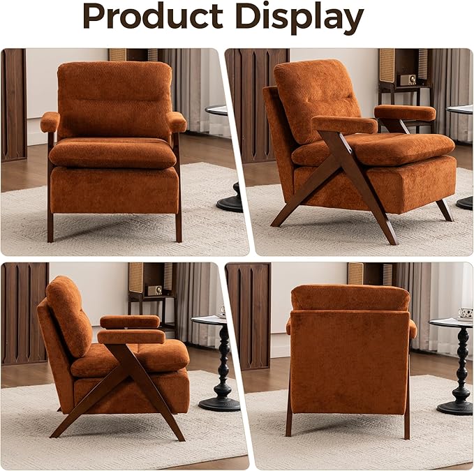 Mid Century Modern Tufted Accent Chair - Sturdy Upholstered Solid Wood Armchair with Breathable Fabric High-Density Cushion Non-Slip Pads for Living Room Reading Room Bedroom Orange