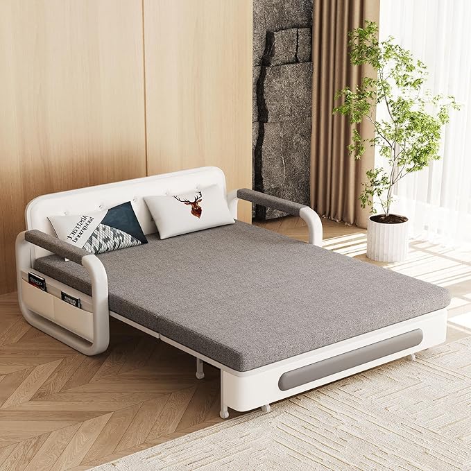 Pull-Out Sofa Daybed with Trundle - Versatile Futon Sleeper Couch for Living Room and Small Spaces (34.6 D x 50.3 W x 34.2 H)- Gray/White Sofa Bed