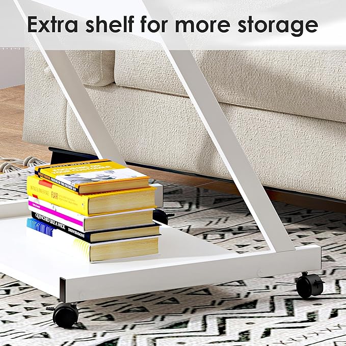 sogesfurniture Mobile Computer Desk Small Rolling Office Table Workstation with Printer Shelf and Keyboard Tray Space-Saving Computer Desk with Storage Shelf for Home and Office (White)