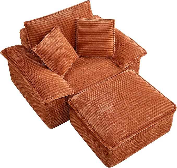 Oversized Armchair with Ottoman Corduroy Reading Chair for Bedroom &amp Living Room Modern Floor Sofa Chair Comfy Lazy Lounge Chair No Assembly Required Orange