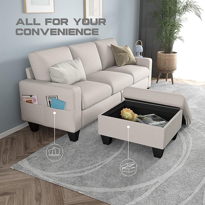 78'' Convertible Sectional Sofa Couch: Beige 3 Seat L-Shaped Sofa Couches with Storage Ottoman and Pockets - Modern Linen Upholstered Sofa Couch Sets for Living Room Office Apartment Small Space