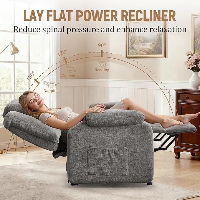 Power Recliner Chair for Adults Oversized Electric Recliner with Thickened Cushions Chenille Fabric Reclining Chair for Living Room Bedroom LightGrey