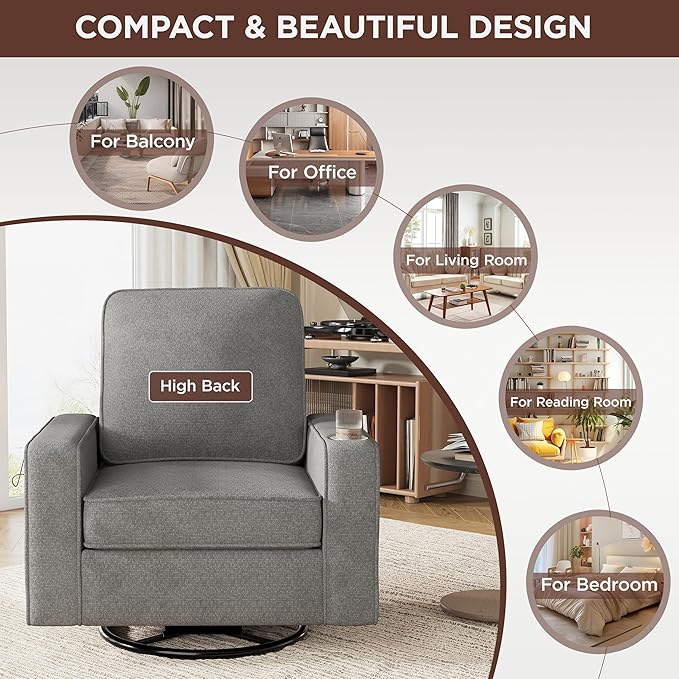 Swivel Square Accent Chair with Wide Armrests360° Rotating Comfy Single Sofa Chairs with USB/Type-CCup Holder &amp Side PocketModern Armchair for Living Room Bedroom Reading Lounge NookLight Grey