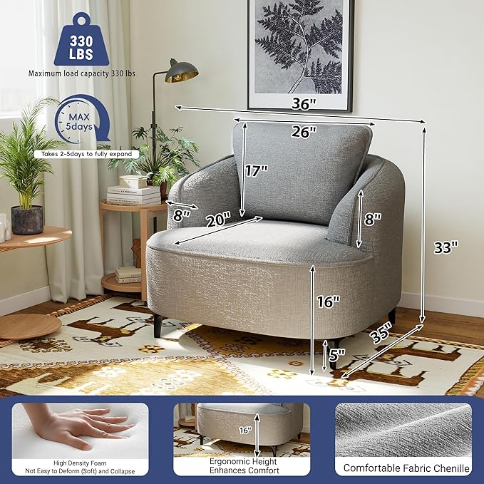 36 Lounge Chair with Metal Leg Accent Chair with Plush Chenille Upholstery Ergonomic Back &amp Boneless Comfort for Living Room Bedroom Office No-Assembly Grey