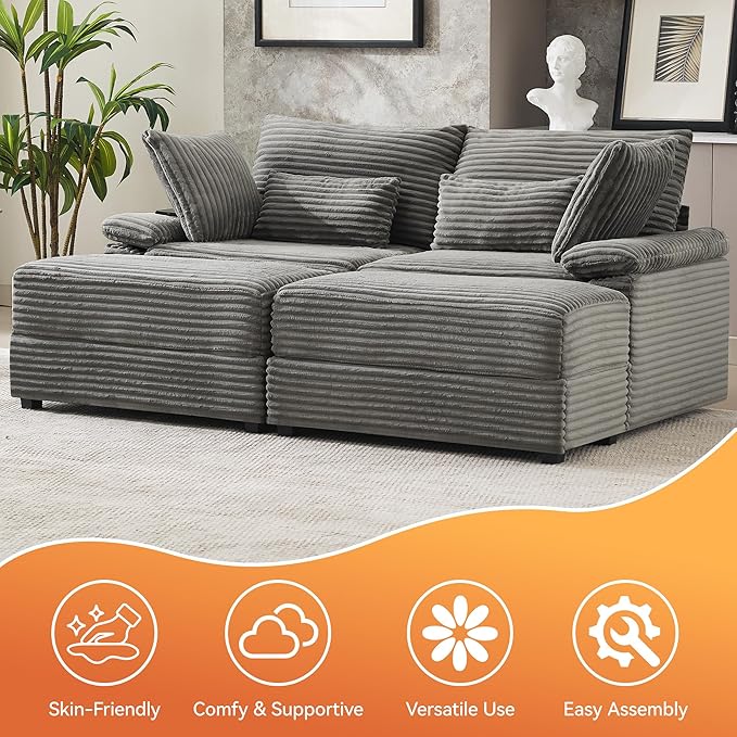 75 Corduroy Loveseat with Storage Ottoman Cloud Deep Seat Couch with Convertible Ottoman Coffee Table &amp USB Double Chaise Lounge for Living Room Grey