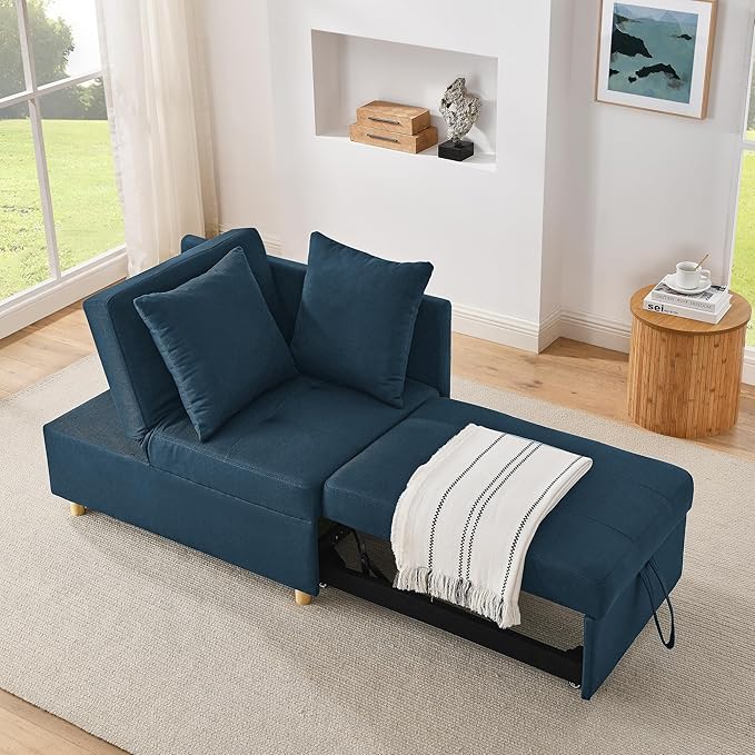 69.7 Convertible Sleeper Chair with Pull Out Bed Modern 3 in 1Comfy Single Reclining Sofa Recliner Futon Armchair with Adjustable Backrest Bed Chair for Bedroom Living Room Indoor Lounge.Blue