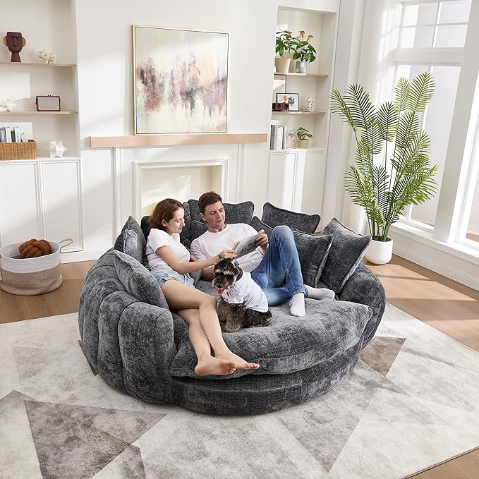 81 Round Sofa Bed Big Bean Bag Round Chaise Lounge Oversized Round Couch Boneless Reading Chair Plush Fluffy Chenille Large Chaise Chair for Living Room Bedroom Apartment Dark Gray