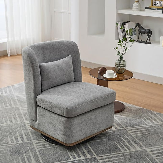 Modern Swivel Accent Chair 25.2 Wide Chenille Upholstered Armless Sofa Chair with Pillow 360° Swivel Reading Chair with Metal Base for Living Room Family Room Bedroom Lounge Area Office Grey