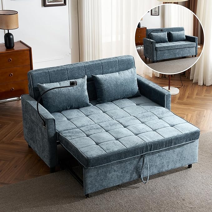 Merax Pull-Out Sleeper Sofa Bed with Reversible Backrest and Two Throw Pillows 3 in 1 Foton Couch with USB Ports &amp Phone Holder Chenille Loveseat for Living Room Blue