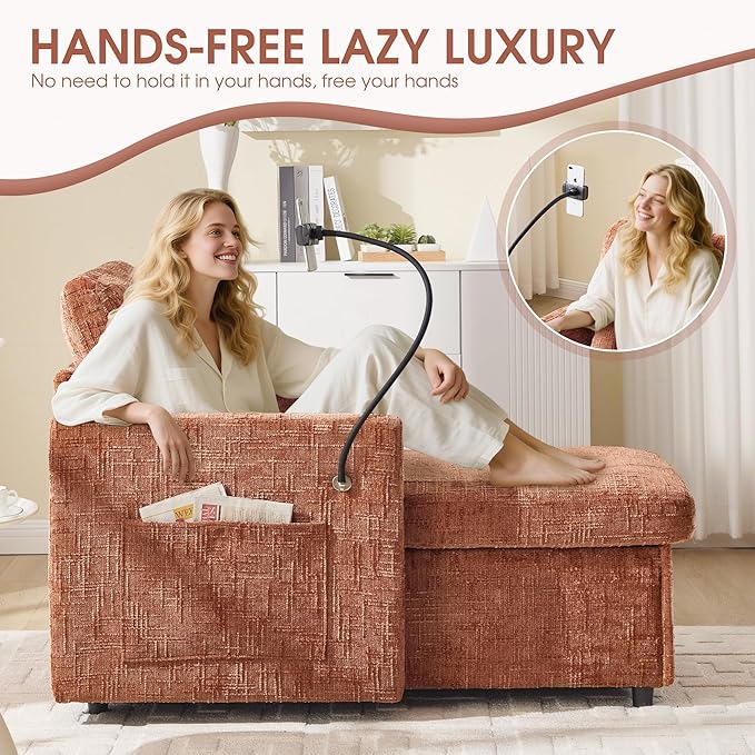 HOMEFUN Sleeper Chair Bed Lazy-Friendly Indoor Chaise Lounge with Storage Cell Phone Bracket Multifunctional Sofa for Bedroom Living Room Small Space Adults