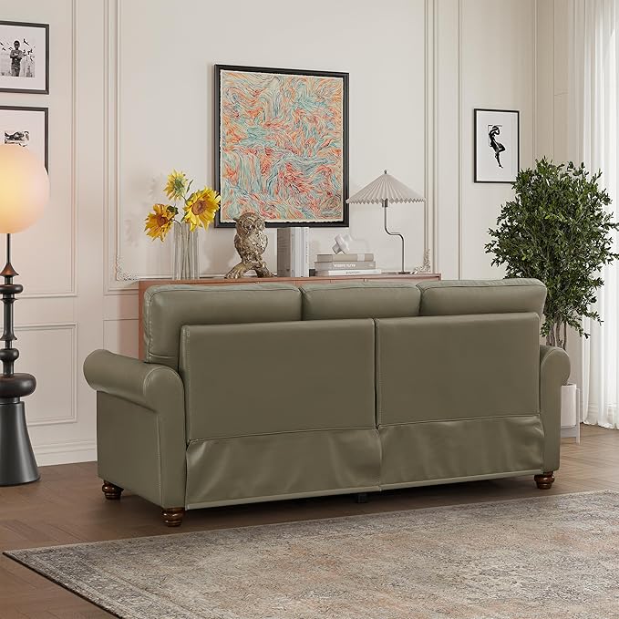 82 Faux Leather Pu Couch Underseat Storage Classic Sofa Elegance 3 Seat with Rolled Armrests Nailhead Trim Wood Legs Classic Living Room Accent Sofa 3 Seat-Grey