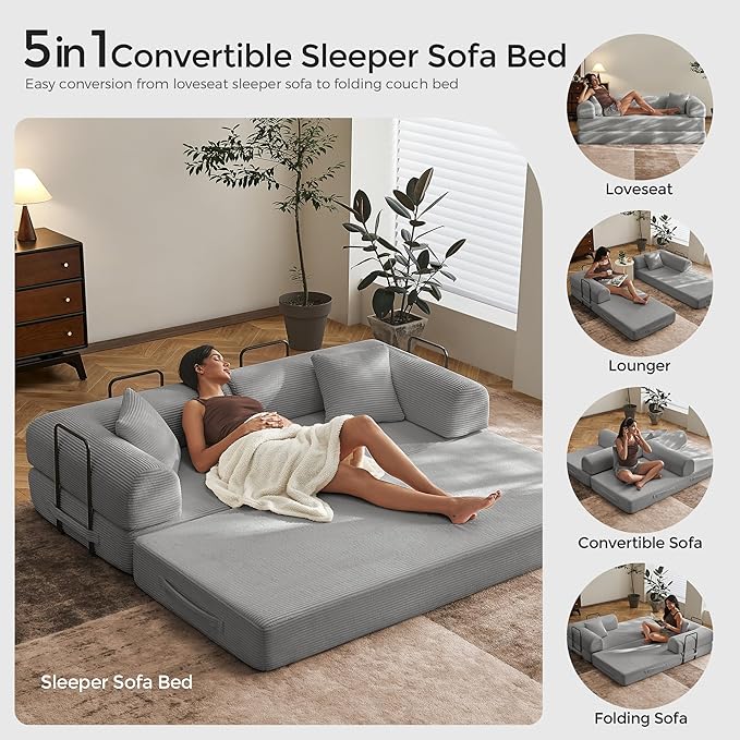 79 Convertible Floor Sofa Bed 5-in-1 Modular Sleeper with Removable Parts No Assembly Corduroy Futon from Sofa to Oversized Bed Non-Slip Base for Living Room Dorm (Light Gray)