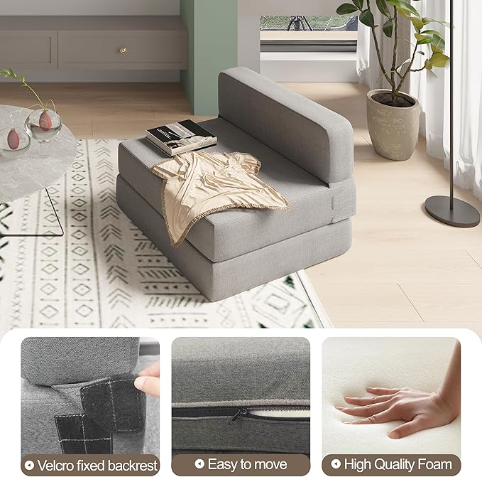 Convertible Folding Sofa Bed Couch - Light Grey Memory Foam Fold Out Couches Modern Linen Foldable Mattress Sleeper Chair for Living Room/Home Office/Apartment