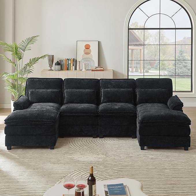 113 U Shaped Sectional Sofa Comfy Cloud Couch Chenille Sofa Sleeper Deep Seat Sofa with 4 Throw Pillows 4-Seater Double-Layer Modern Sofa for Living Room Black
