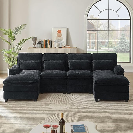 113 U Shaped Sectional Sofa Comfy Cloud Couch Chenille Sofa Sleeper Deep Seat Sofa with 4 Throw Pillows 4-Seater Double-Layer Modern Sofa for Living Room Black