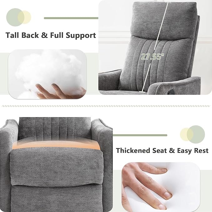 cinkehome Heated Massage Swivel Rocker Recliner Chair for Nursery - Small Space Reclining Chair with Lumbar Support 360° Swivel &amp Gentle Rocking Ergonomic High Back Chenille Fabric Gray