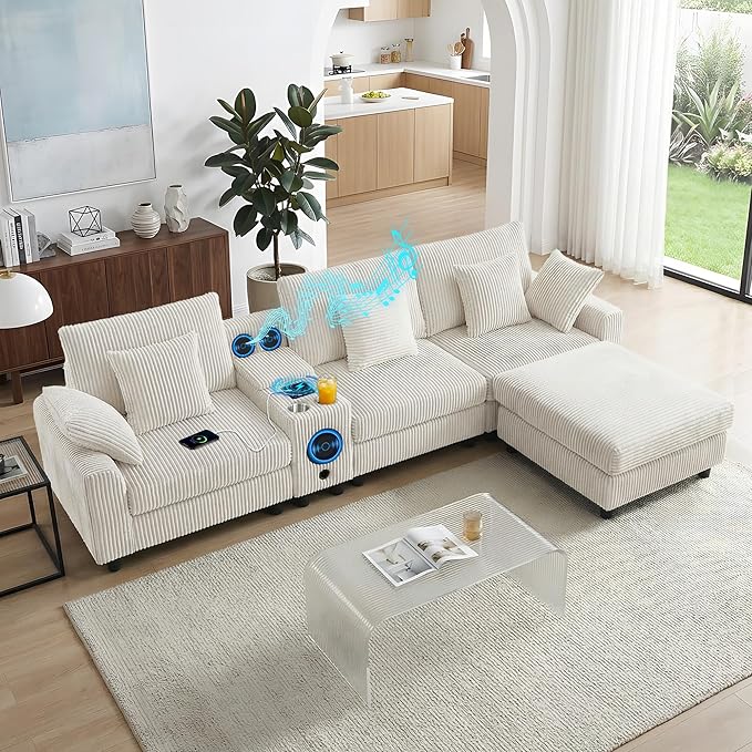 114 Corduroy L-Shaped Sectional Sofa w/Speakers &amp USB Charging Comfy Reclining Deep Seat Couch w/Ottoman Cup Holders for Living Room Home Theater (Beige 114in)