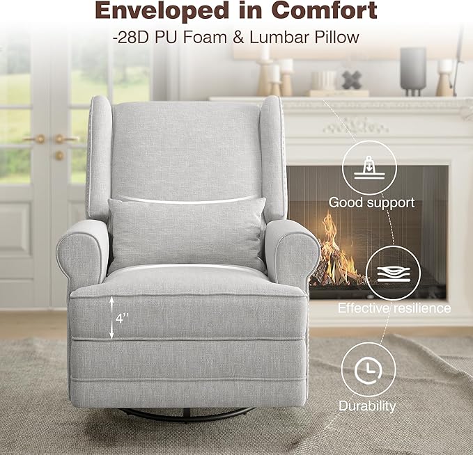 Swivel Recliner Chair with Extra Large Footrest Comfy Upholstered Glider Rocking Chair for Living Room Bedroom and Ofice Grey