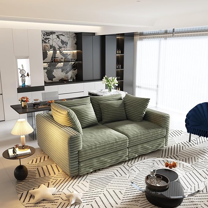 102.4 Oversized Cloud Couch Convertible 4 Deep Seat Foam Sofa Couch 2 in 1 Plush Corduroy Sofa with 6 Soft Pillows Modern Modular Sectional Couches for Living Room Apartment Green