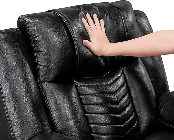 Lexicon Wall Hugger Power Double Reclining Loveseat with Console Faux Leather Home Theater Seating with LED Lighting Charging Ports Bluetooth Speaker Wireless Cup Holders Hidden Storage Black