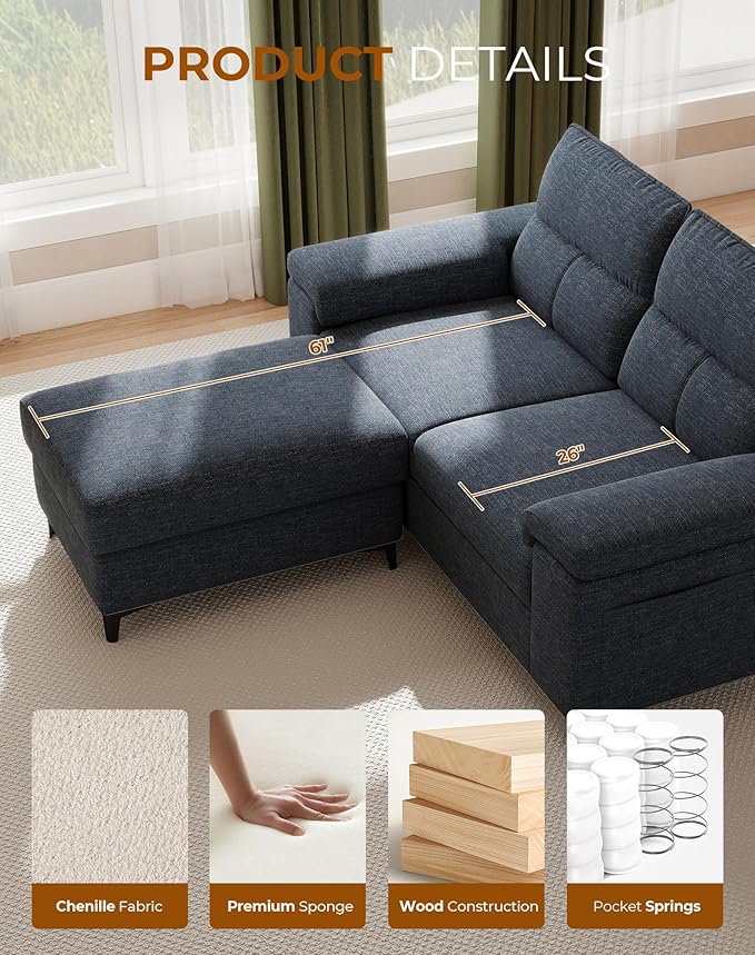 71.25 L Shaped Sectional Couches for Living Room Deep Seat Sofa with Big Storage Ottoman &amp 8”Cushion Comfy 2-Seater Chenille Loveseat Convertible Armrest Removable Cover for Small Space(Blue)
