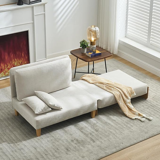 TTK 3-in-1 Foldable Sofa Bed Recliner Sleeper Mid-Century Modern Convertible Sofa Chair with 3 Pillows Space-Saving Design for Small Spaces Bedroom Study &amp Guest Room Beige