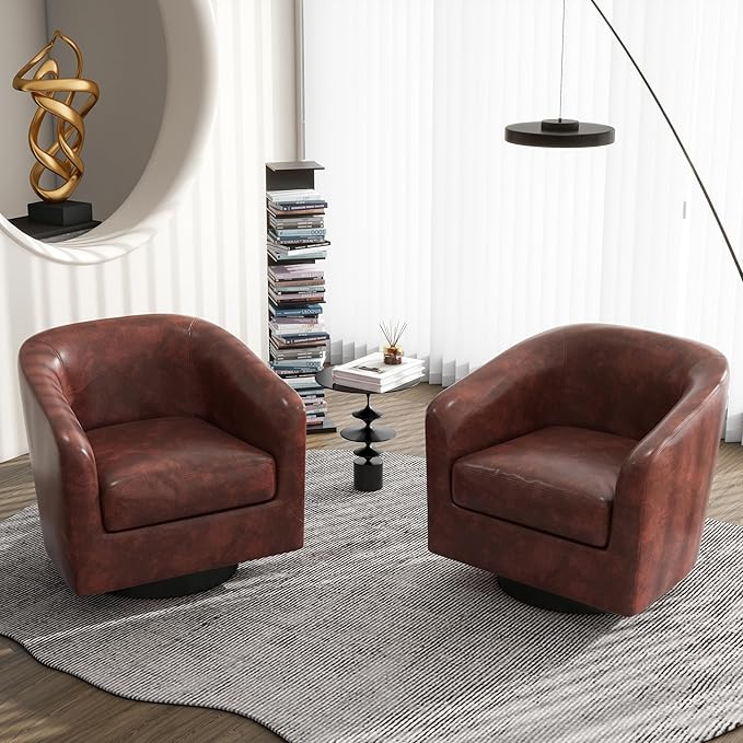 Swivel Barrel Accent Chair Modern Round Faux Leather Arm Chair for Living Room Bedroom Comfy Club Reading Chairs for Adults(Faux Leather Red Brown Set of 1)