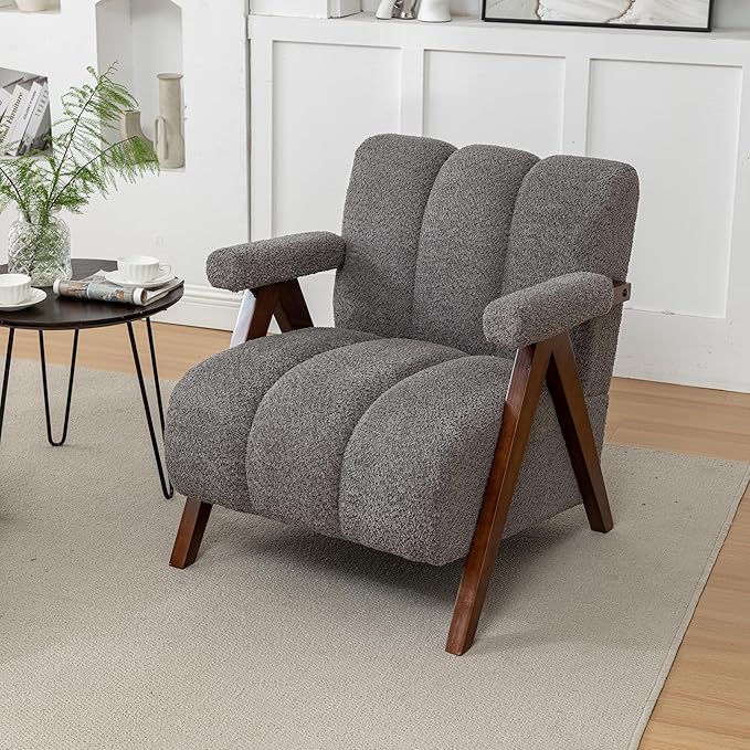 Mid Century Modern Accent Chair with Solid Wood Frame Boucle Upholstered Living Room Chairs with Thick Cushion Comfy Tufted Arm Chair for Bedroom Grey