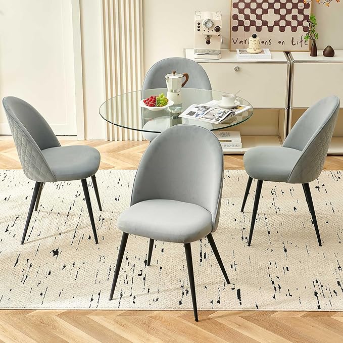 Dining Chair Set of 4Modern Gray Reception Guest Chairs Upholsered for Kitchen Apartment Elegant Velvet Living Bedroom Side Chairs with Curved Backrest Metal Legs