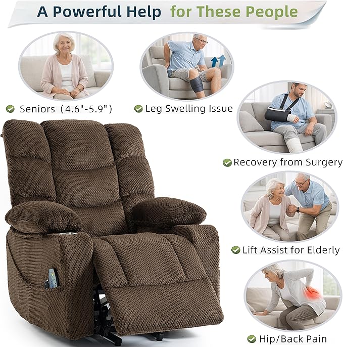 Power Lift Recliner Chair for Elderly Velvet Recliner with Massage and Heat Lazy Boy Power Recliner Lay Flat 160° Cup Holders for Living Room