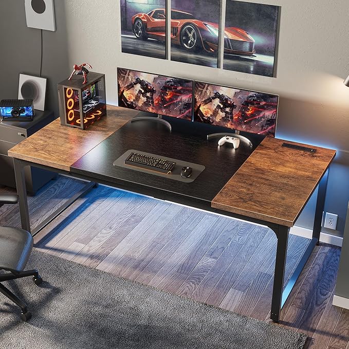 Huuger 63 x 31.5 inch Desk with Power Outlets &amp USB-C 1.2 Inch Thicker Desktop Robust Metal Tubes Deep Computer Desk Heavy Duty Office Desk Work Desk Rustic Brown and Black
