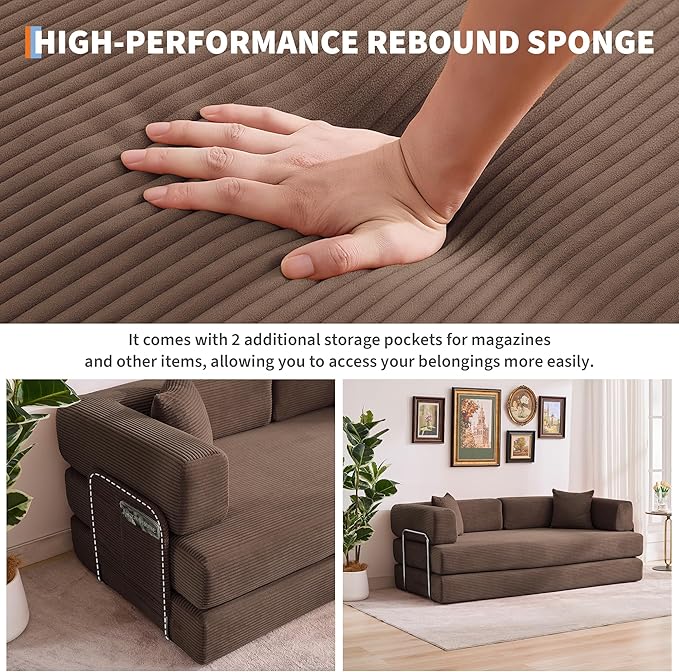 Garvee 5-in-1 Convertible Sofa Bed 78.8 Modular Corduroy Sleeper with Sturdy Frame &amp No Assembly Multi-Functional Futon for Small Space Living Room &amp Guest Room (Green) (Brown-A)