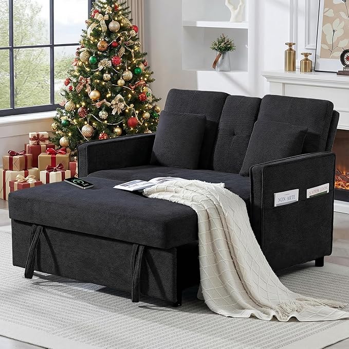Convertible Sofa Bed 3-in-1 Sleeper Sofa with Pull-Out Bed Chenille Couch Folding Loveseat USB Ports &amp Adjustable Backrest Modern Loveseat for Living Room Apartment Black
