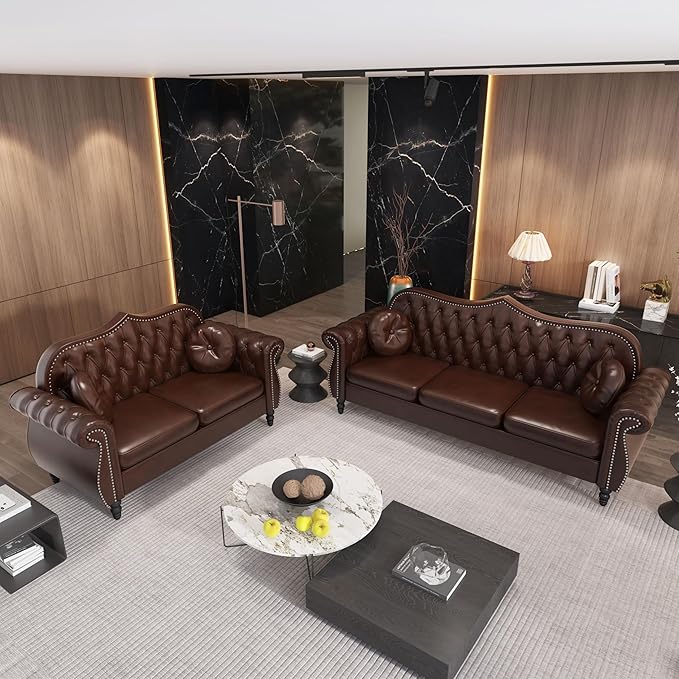 Modern PU Tufted Couch 2 Seater with Rolled Arms and Nailhead Deep Button Nailhead Tufted Loveseat Leather Couch Roll Arm Classic Tufted Chesterfield Settee Leather Sofa for Living Room (Brown)