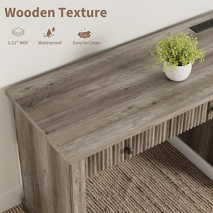 GAOMON 54'' Fluted Home Office Desk with Storage Modern Executive Desk with Charging Station Wooden Computer Desk with Drawers for Storage File Writing Desk for Study Living Room Bedroom