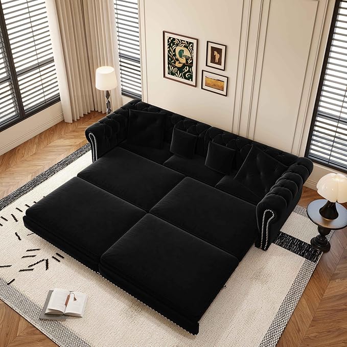 89'' Pull Out Sofa Bed King Chesterfield Velvet Sleeper Sofa Convertible L-Shaped Futon Couch Tufted Back 4 Pillows Ottoman Deep Seat Loveseat Couches for Living Room Apartment Black