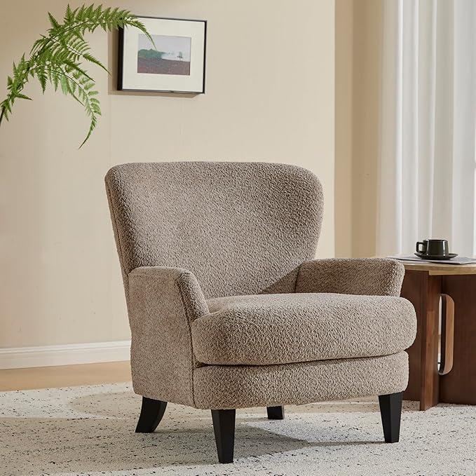 Christopher Knight Home Colby Boucle Upholstered Club Chair Living Room Accent Chair Wooden Frame Flared Armrest Plush Thick Cushion Reading Lounge Chair Space-Saving Furniture Light Brown