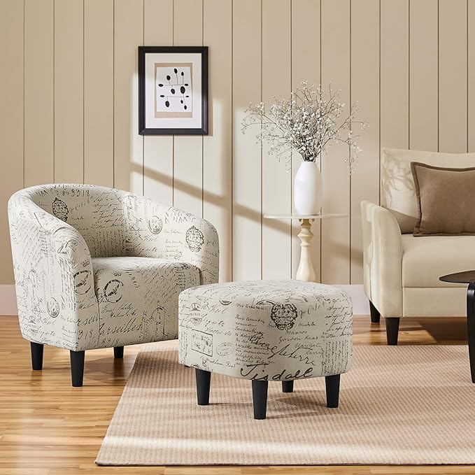 Yaheetech Modren Club Chair with Ottoman Fabric Accent Armchair with Footstool Upholstered Barrel Chair and Footrest for Living Room Bedroom Guestroom Letter Print