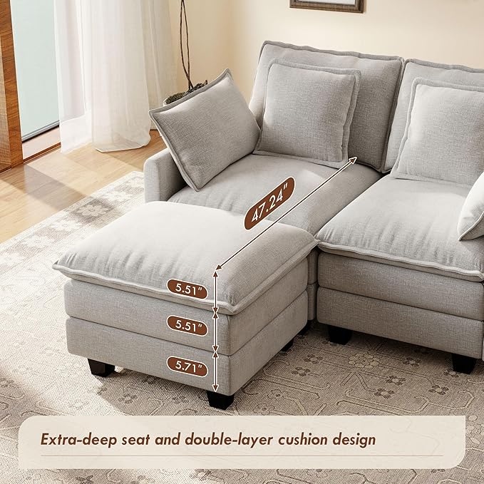 Ihanherry 57 L Shaped Modular Sectional Cloud Sofa Modern 3 Seat Chenille Couch with Ottoman for Living Room Bedroom and Apartment Grey