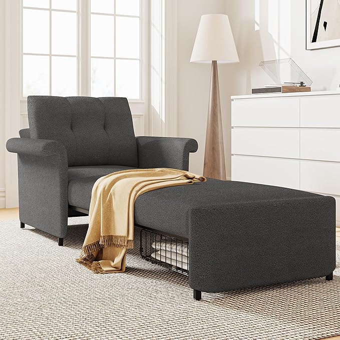 Sofa Bed Chair 3-in-1 Convertible Sleeper Chair with Storage Drawer Lambswool Fabric Pull Out Couch with Adjustable Backrest for Living Room Bedroom Office Dark Gray