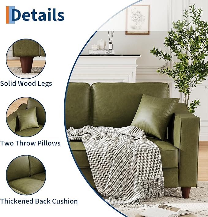 Faux Leather Couch with 2 Throw Pillows Sofa Couches for Living Room 3 Seater Sofa with Wide Armrests Wood Legs Deep Seats Back Cushion Sturdy Support Feet for Office Living Room Olive Green