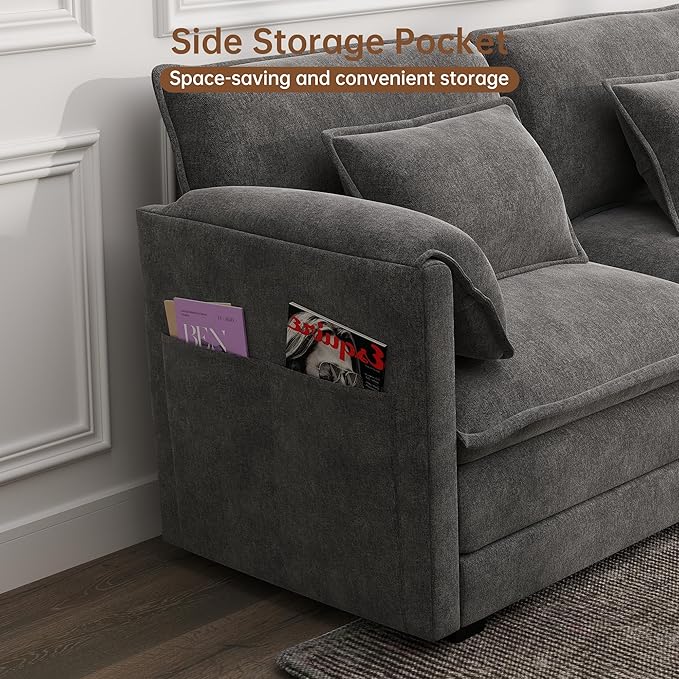 Modular Sectional Sofa 111'' L Shaped Couch Chenille Sofa with Movable Ottoman for Apartments Living Room and Commercial Space Dark Gray