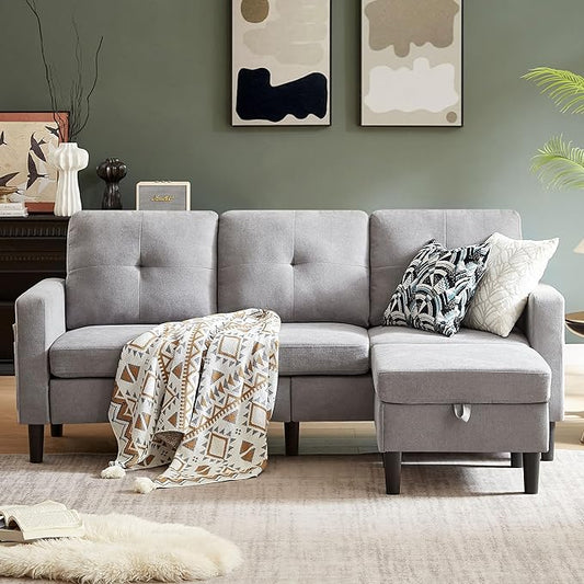 79 Convertible Sectional Sofa L Shaped Couch with Movable Storage Ottoman 3 Seater Sofa Polyster Fibre for Apartment Small Spaces Light Grey
