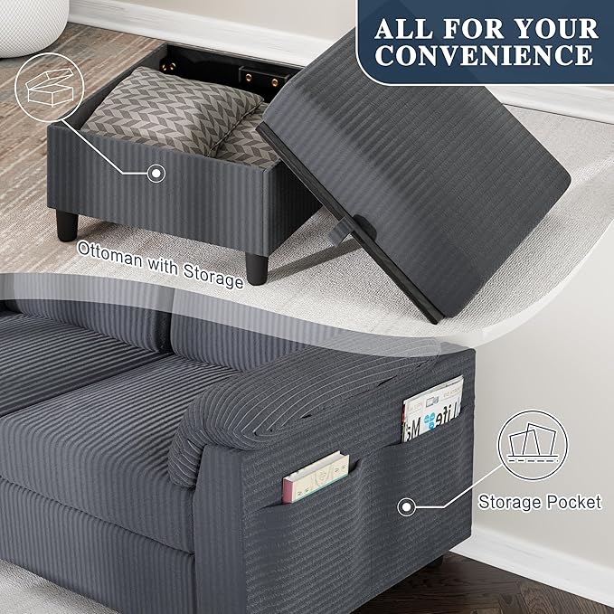 Meilocar Sectional Couches for Living Room L Shaped Couch with Side Storage Pockage Comfortable 3 Seat Sofa Couches for Apartment Grey