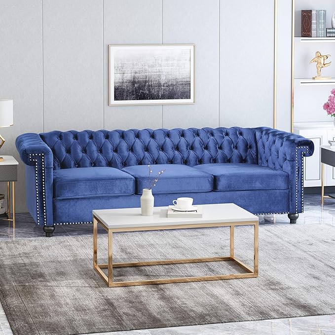 GDFStudio Noble House Parkhurst Tufted Chesterfield Velvet Sofa in Midnight Blue and Brown
