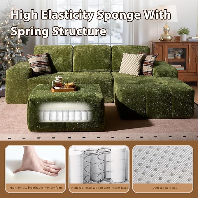 114 Modular Sectional Sofa with Ottoman Silver Luminous Boneless L-Shape Couch with Deep Seat Assembly Free Sectional Sofa for Living Room (Green Right Chaise)